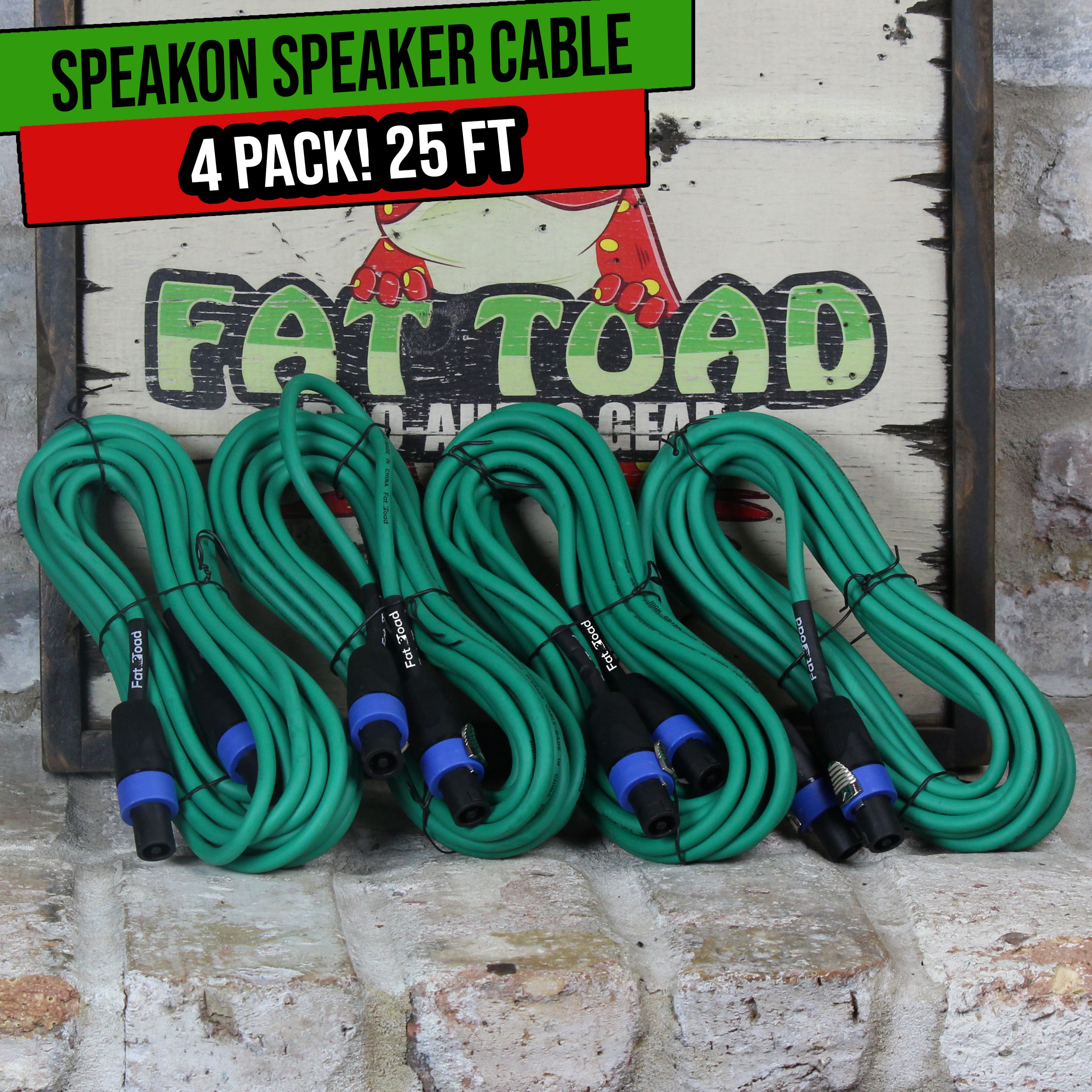 4 PACK - Speakon to Speakon Speaker Wires by FAT TOAD | 25ft Professional DJ Pro Audio Green PA Cords with Twist Lock Connector | 12 AWG Cables for Impeccable Studio Recording & Stage Performance Gear GeekStands.com