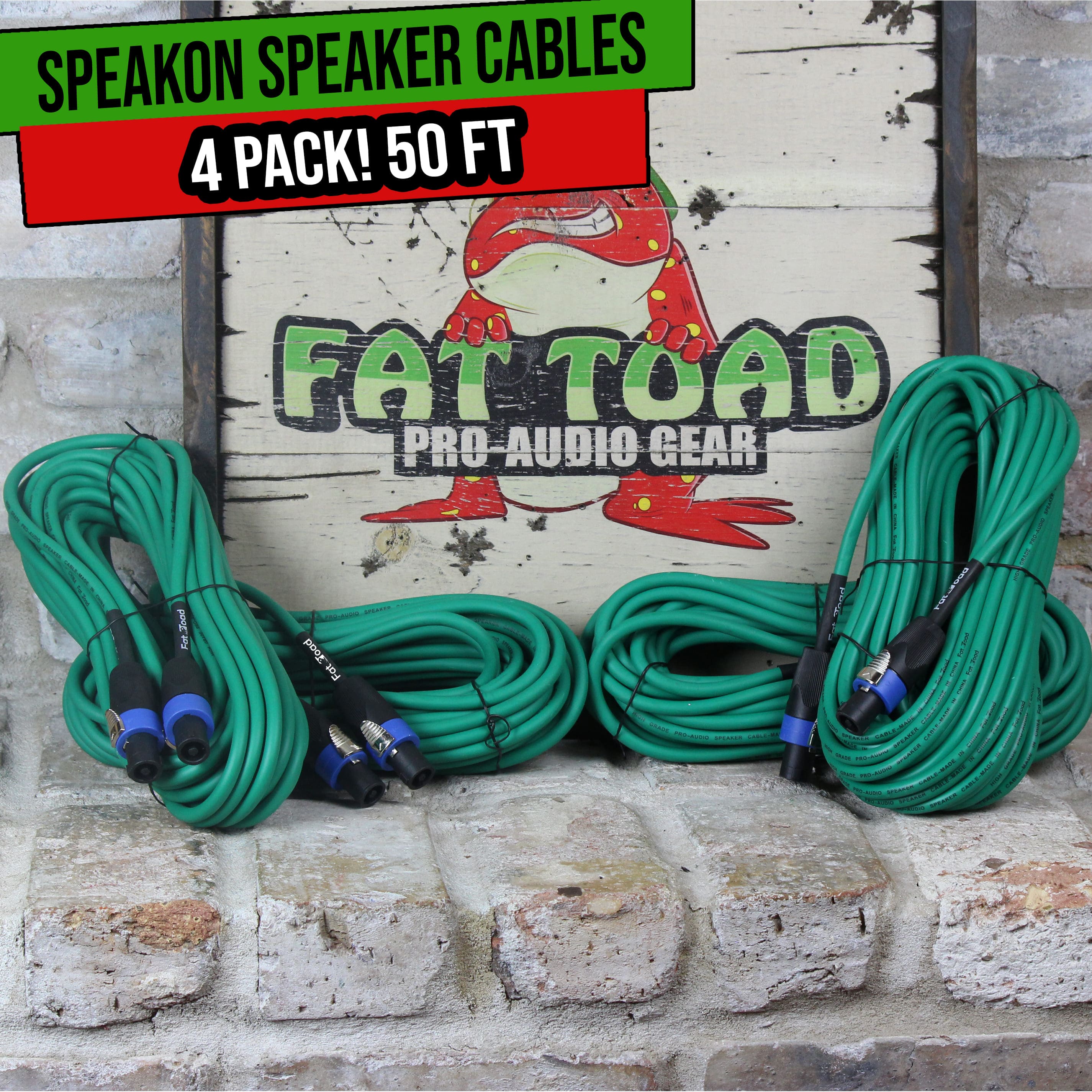 4 PACK - 50FT Speakon to Speakon Speaker Cables by FAT TOAD | Professional DJ Pro Audio Green PA Cords with Twist Lock Connector | 12 AWG Wires for Impeccable Studio Recording & Stage Gear GeekStands.com