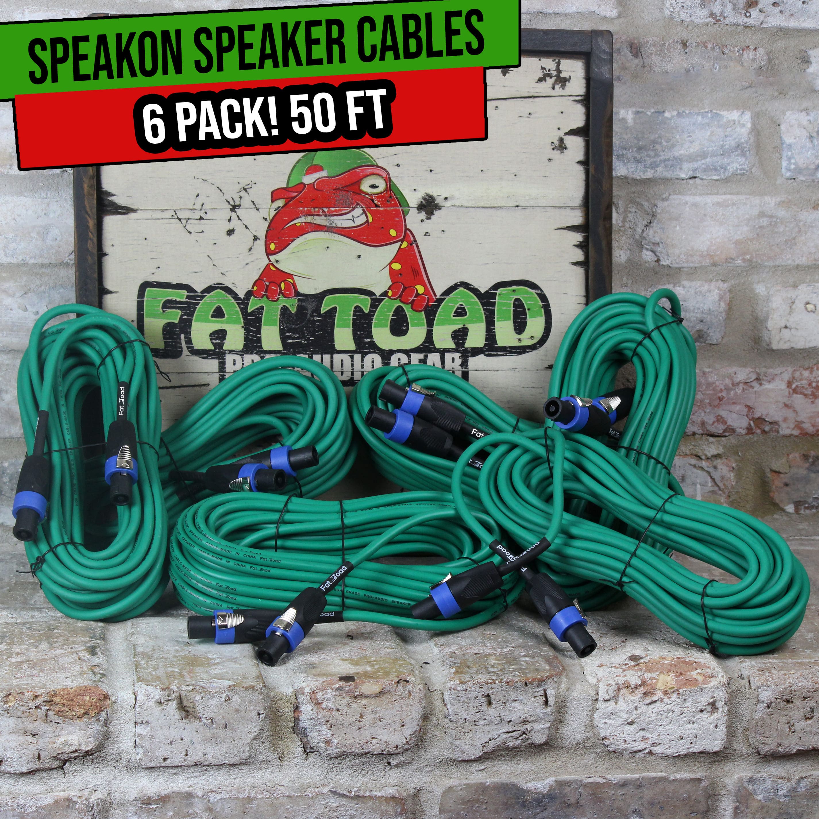 6 PACK - 50FT Speakon to Speakon Speaker Cables by FAT TOAD | Professional DJ Pro Audio Green PA Cords with Twist Lock Connector | 12 AWG Wires for Impeccable Studio Recording & Performance Stage Gear GeekStands.com
