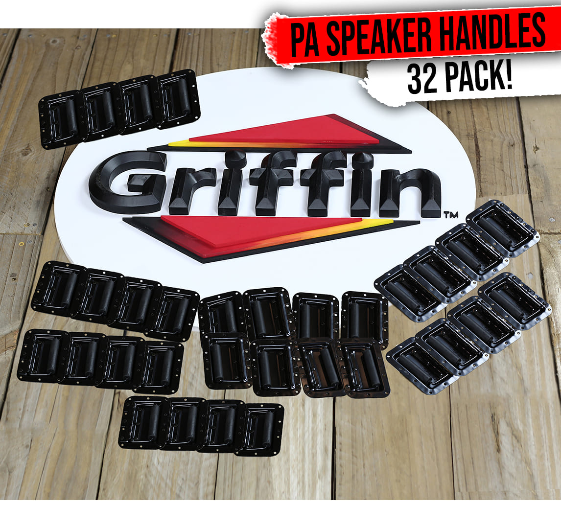 32 PACK -  Metal Flip Speaker Cabinet Handles for Rack Road Flight Trunk by GRIFFIN | Spring Loaded Flush Pull with Black Grip Rubber Padding for Chest Carry Case | DJ PA Pro-Audio Stage Gear Parts GeekStands.com