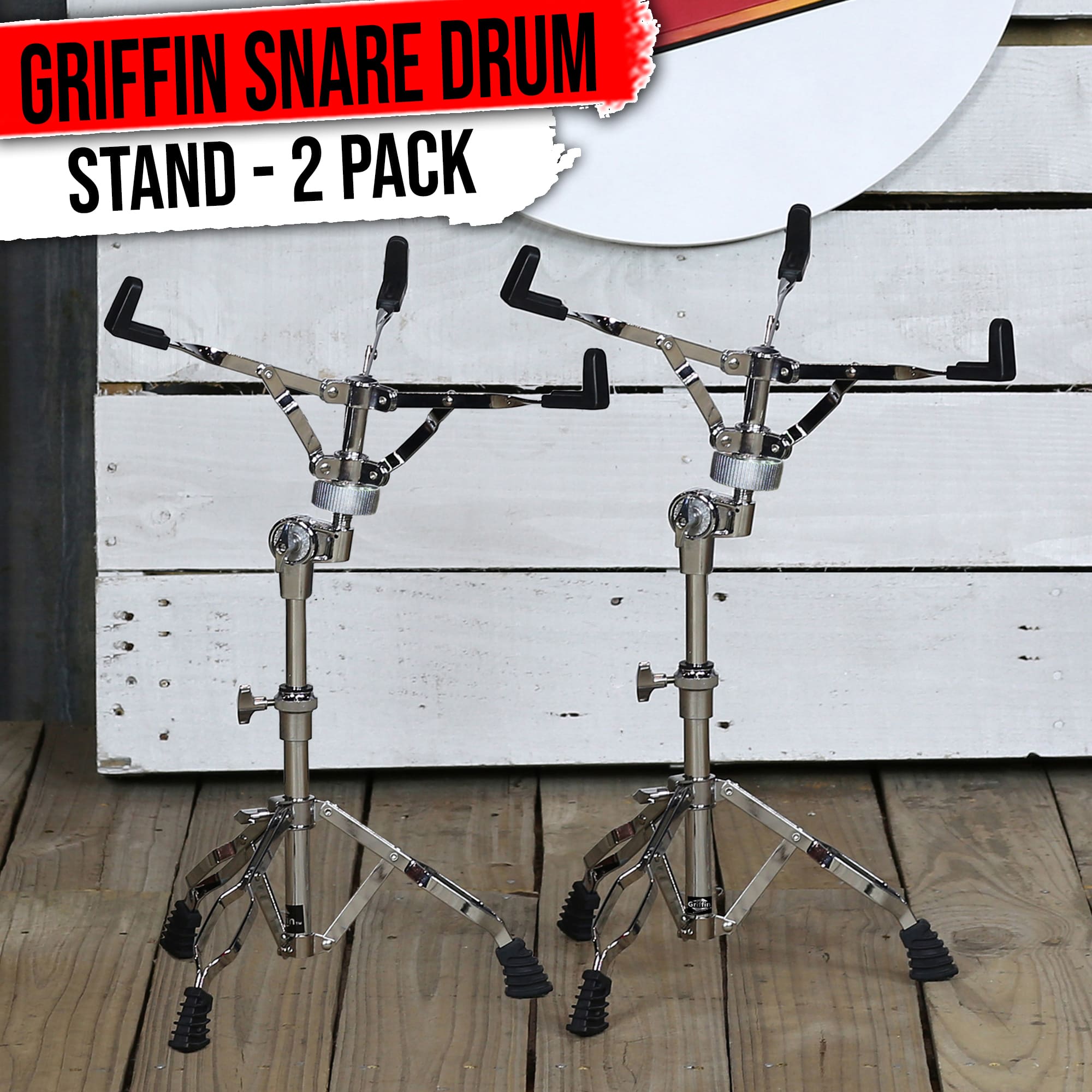 2-PACK Snare Drum Stand by GRIFFIN | Chrome Double Braced, Light Weight Mount for Standard Snares, Tom Drums & Practice Pad | Slip-Proof Gear Tilter & Clamp Style Basket Holder Percussion Hardware Kit GeekStands.com
