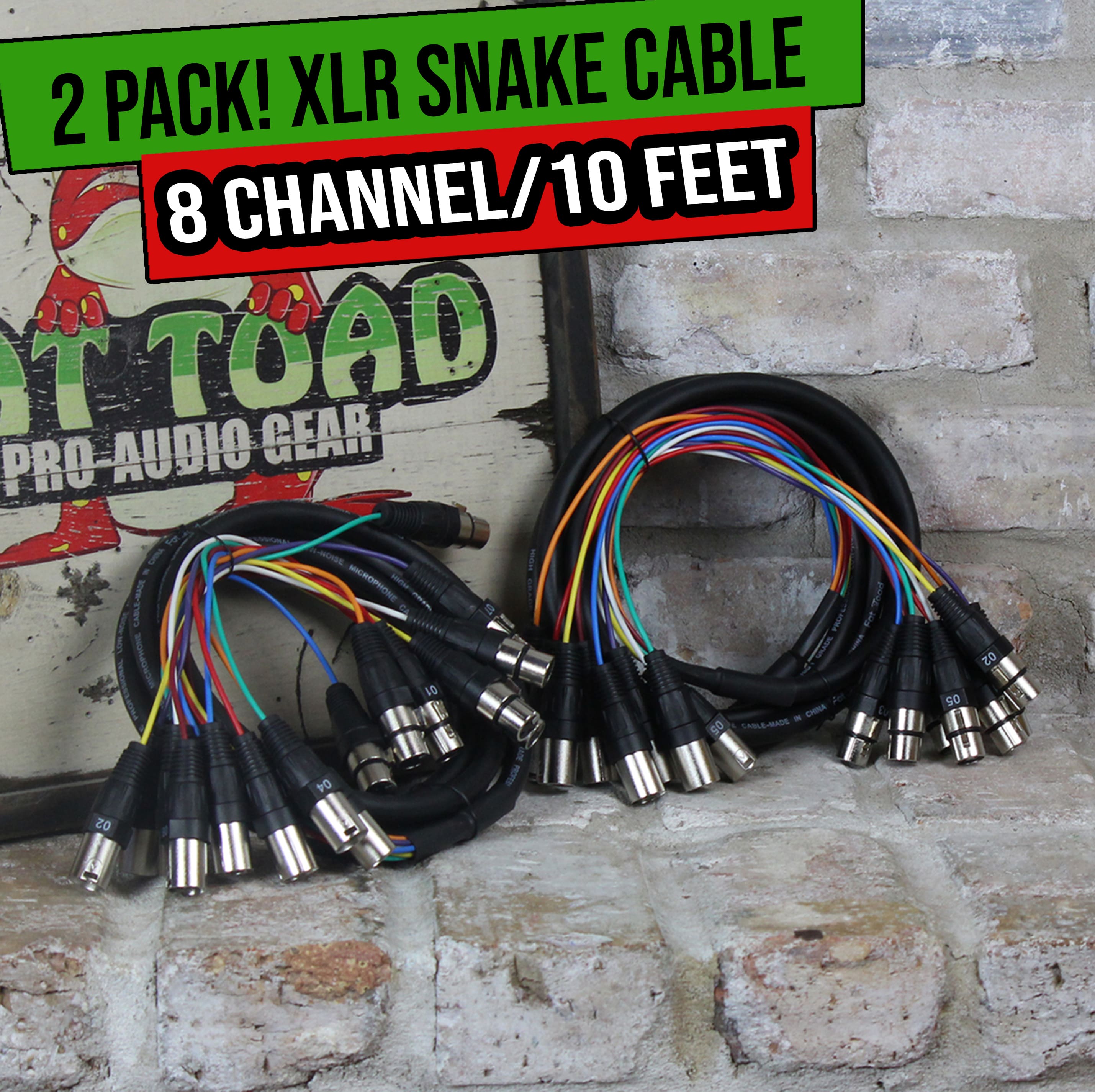 2 PACK - FAT TOAD 8 Channel XLR Snake Cable Patch 10ft | Studio Stage, Live Sound Recording Multicore Cords | Pro-Audio Shielded 3-Pin Balanced Wires for Microphone Interface DMX Hub, DJ Digital Mixer GeekStands.com