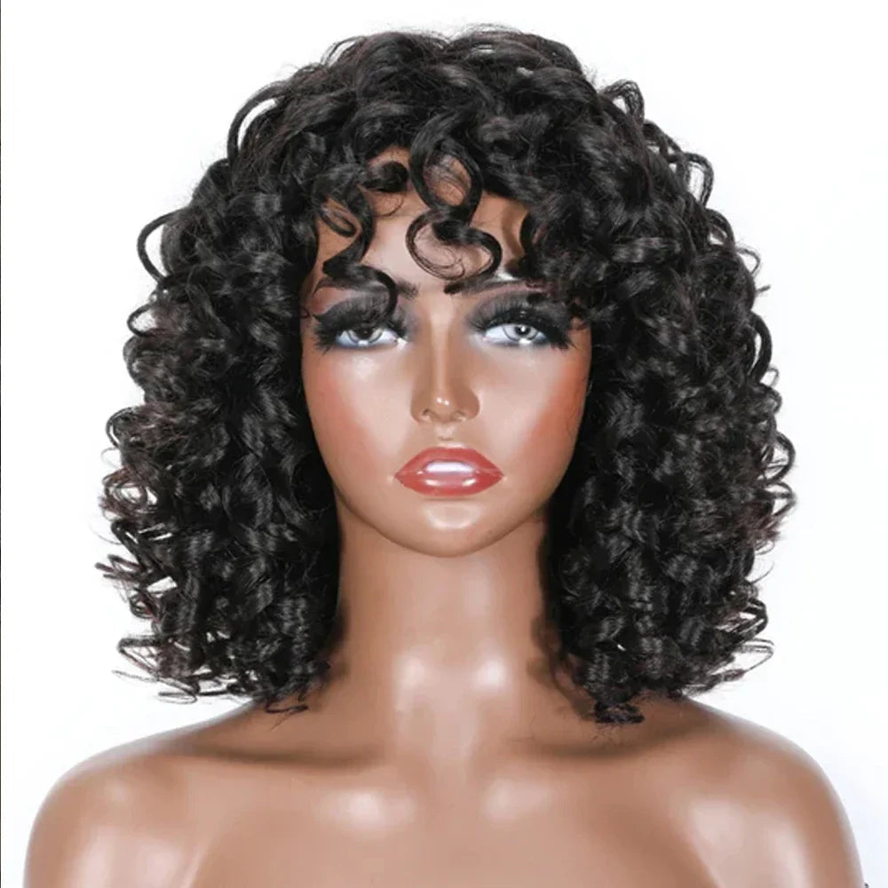 Bob Wig with Bangs Afro Bouncey Kinky Curls Brazilian Virgin Human Hair Glueless T&L Fashions Boutique