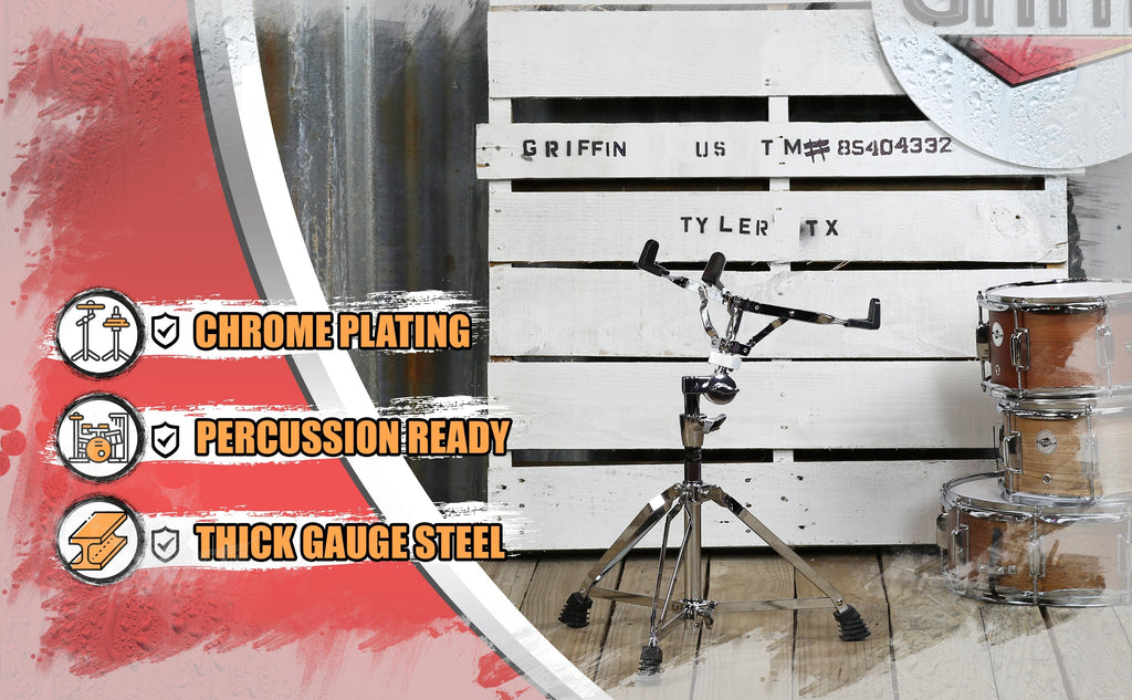 GRIFFIN Deluxe Snare Drum Stand | Percussion Hardware Kit with Key | Double Braced Medium Weight Mount for Snares, Tom Drums & Practice Pad | Adjustable Height & Tilting Gear Clamp Style Basket Holder GeekStands.com