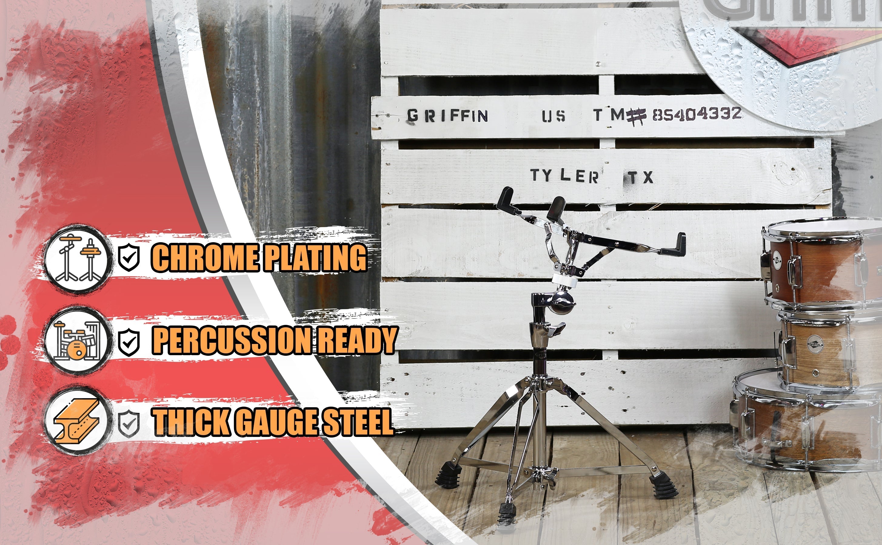 GRIFFIN Deluxe Snare Drum Stand - Percussion Hardware Kit with Key - Double Braced Medium Weight Mount for Snares, Tom Drums & Adjustable Practice Pad GeekStands.com