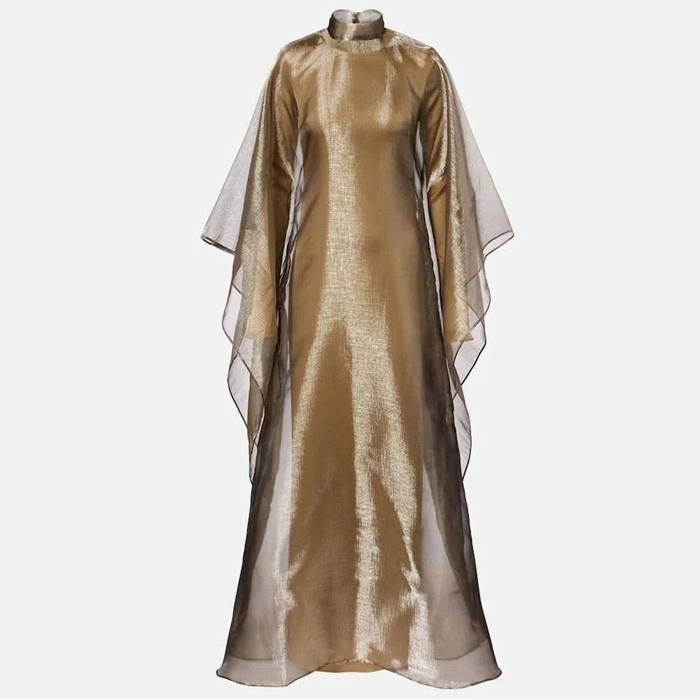 Radiant Sheer Metallic Maxi Dress Boho Brown