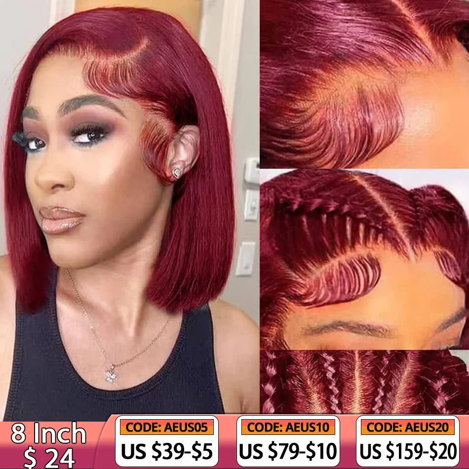 Bob Wigs Lace Front Human Hair Wigs 13x4 Burgundy Straight T&L Fashions Boutique