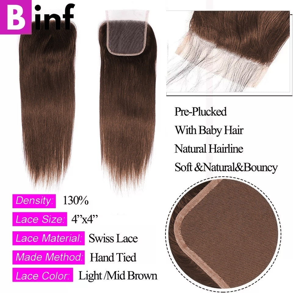 Chocolate Brown Bone Straight Human Hair Bundles with 4x4 Lace Closure Frontal Remy Brazilian Hair Weave Bundles with Closure HOL stores
