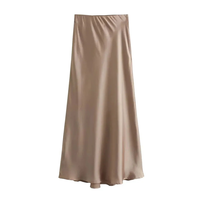 Refined Silk Midi Skirt Boho Brown
