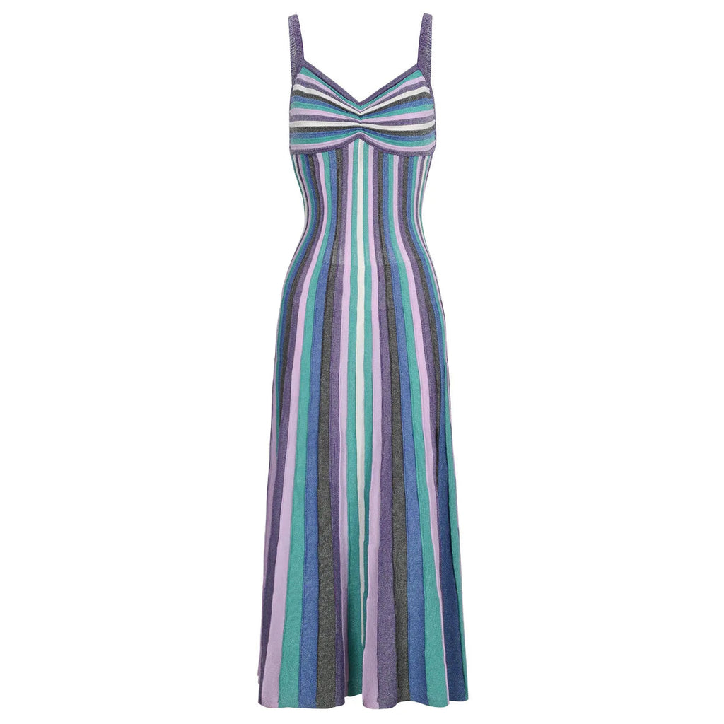 Vibrant Striped Knit Midi Dress Boho Brown