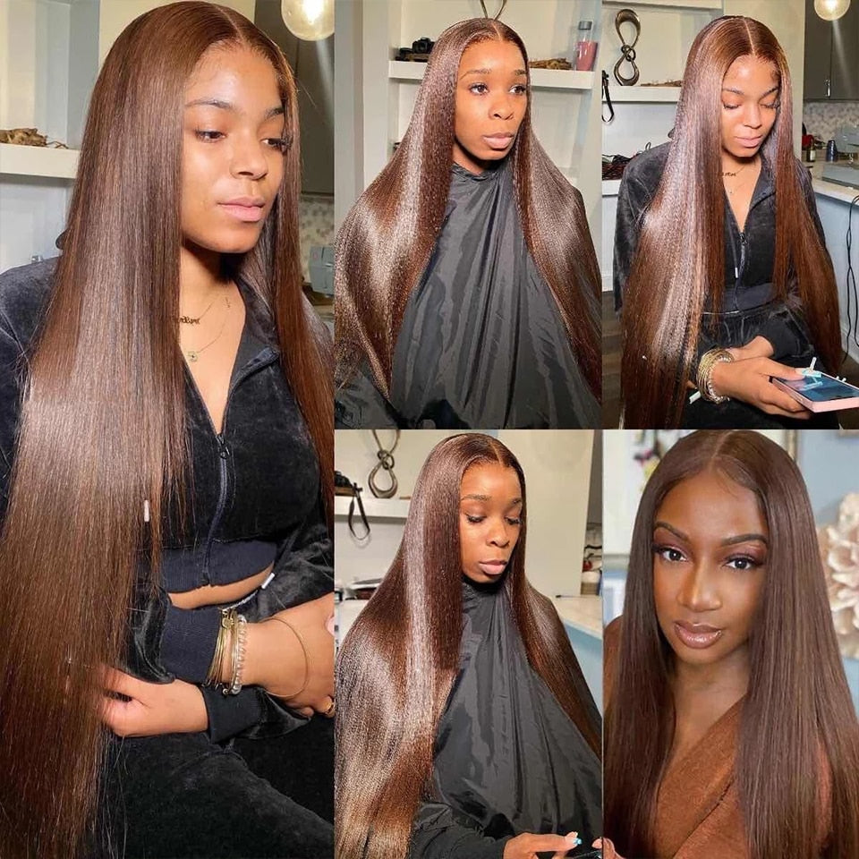 Chocolate Brown Bone Straight Human Hair Bundles with 4x4 Lace Closure Frontal Remy Brazilian Hair Weave Bundles with Closure HOL stores