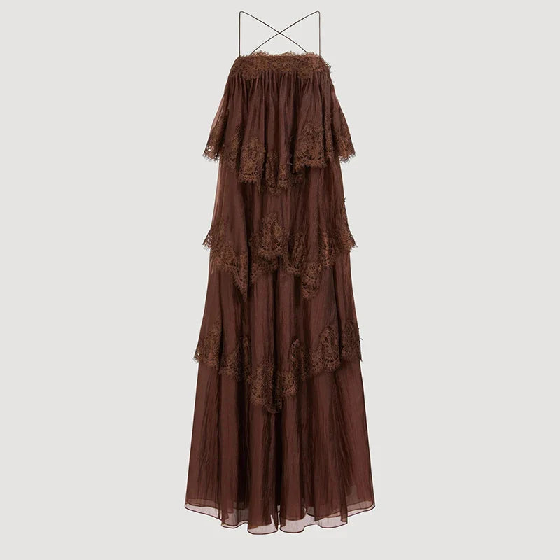 Divine Embroidered Tiered Maxi Dress Boho Brown