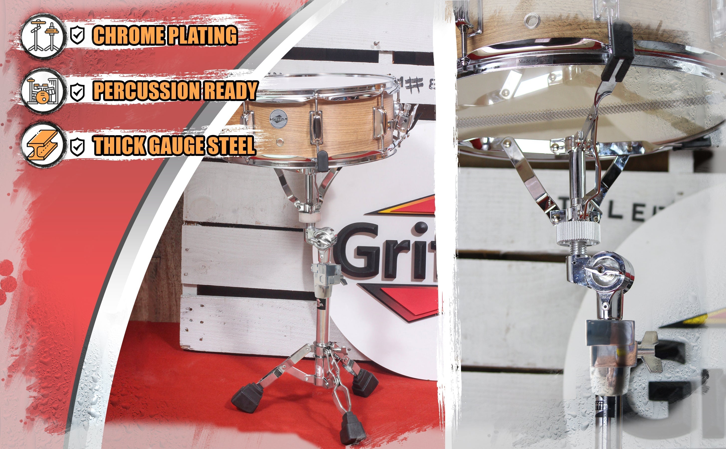 Premium Snare Drum Stand by GRIFFIN - Double Braced Heavy-Duty Weight Mount for Snares, Tom Drums & Adjustable Practice Pad - Percussion Hardware Kit GeekStands.com