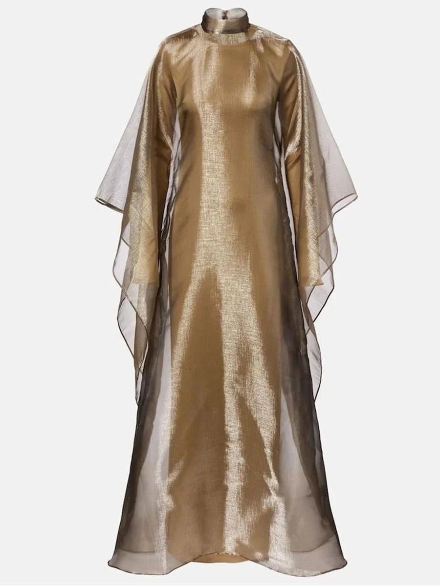 Radiant Sheer Metallic Maxi Dress Boho Brown