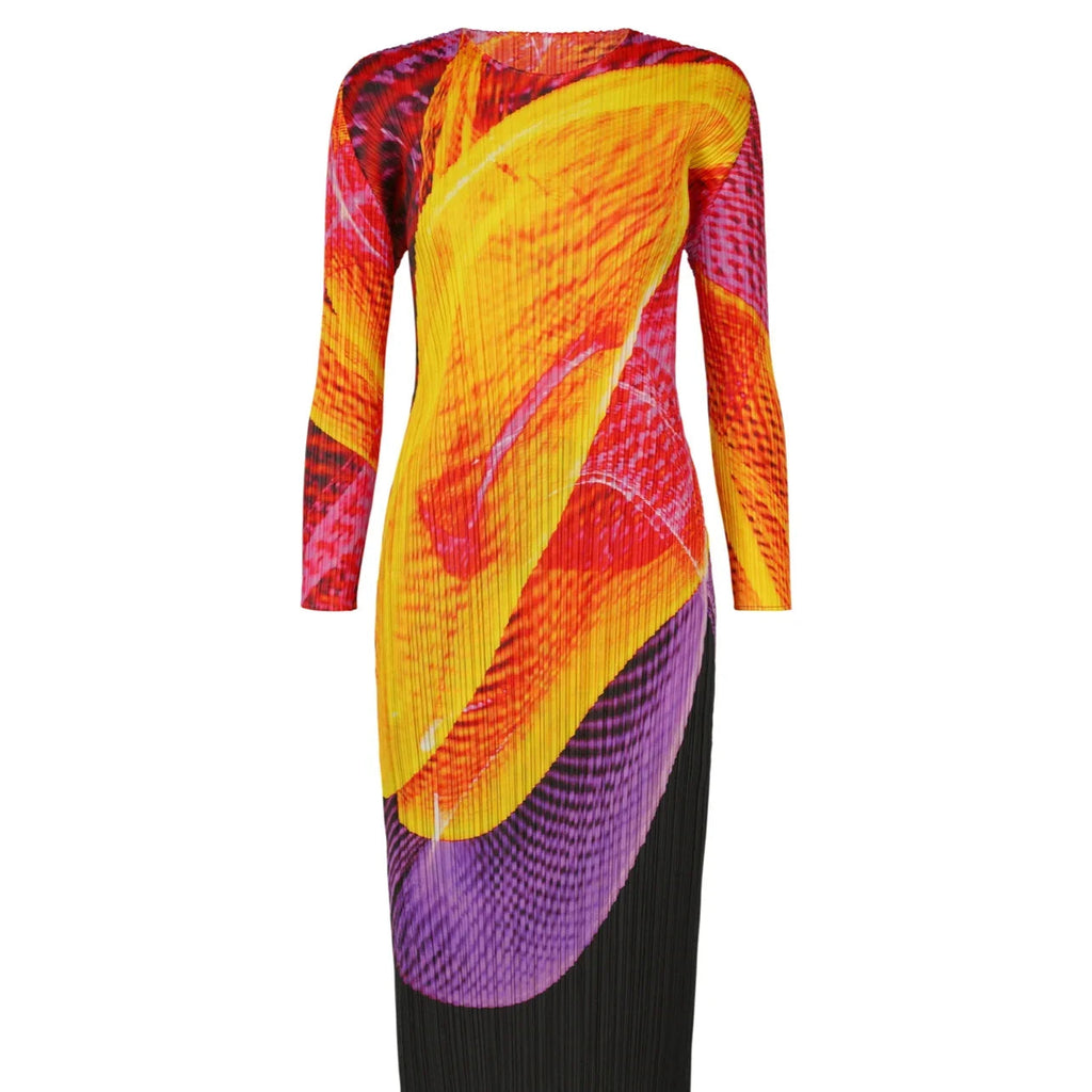 Vibrant Pleated Printed Maxi Dress Boho Brown