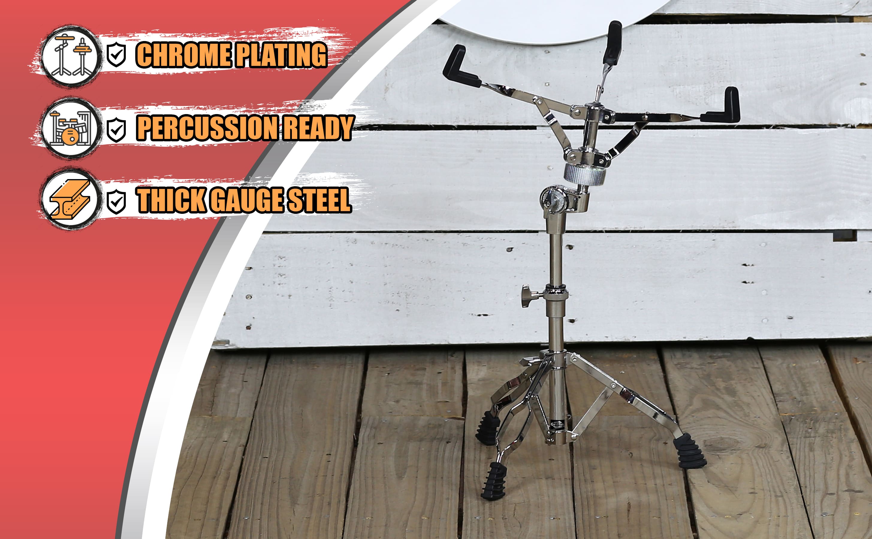 Snare Drum Stand by GRIFFIN | Deluxe Percussion Hardware Base Kit | Double Braced, Light Weight Mount for Standard Snares, Tom Drums & Practice Pad | Slip-Proof Gear Tilter & Clamp Style Basket Holder GeekStands.com
