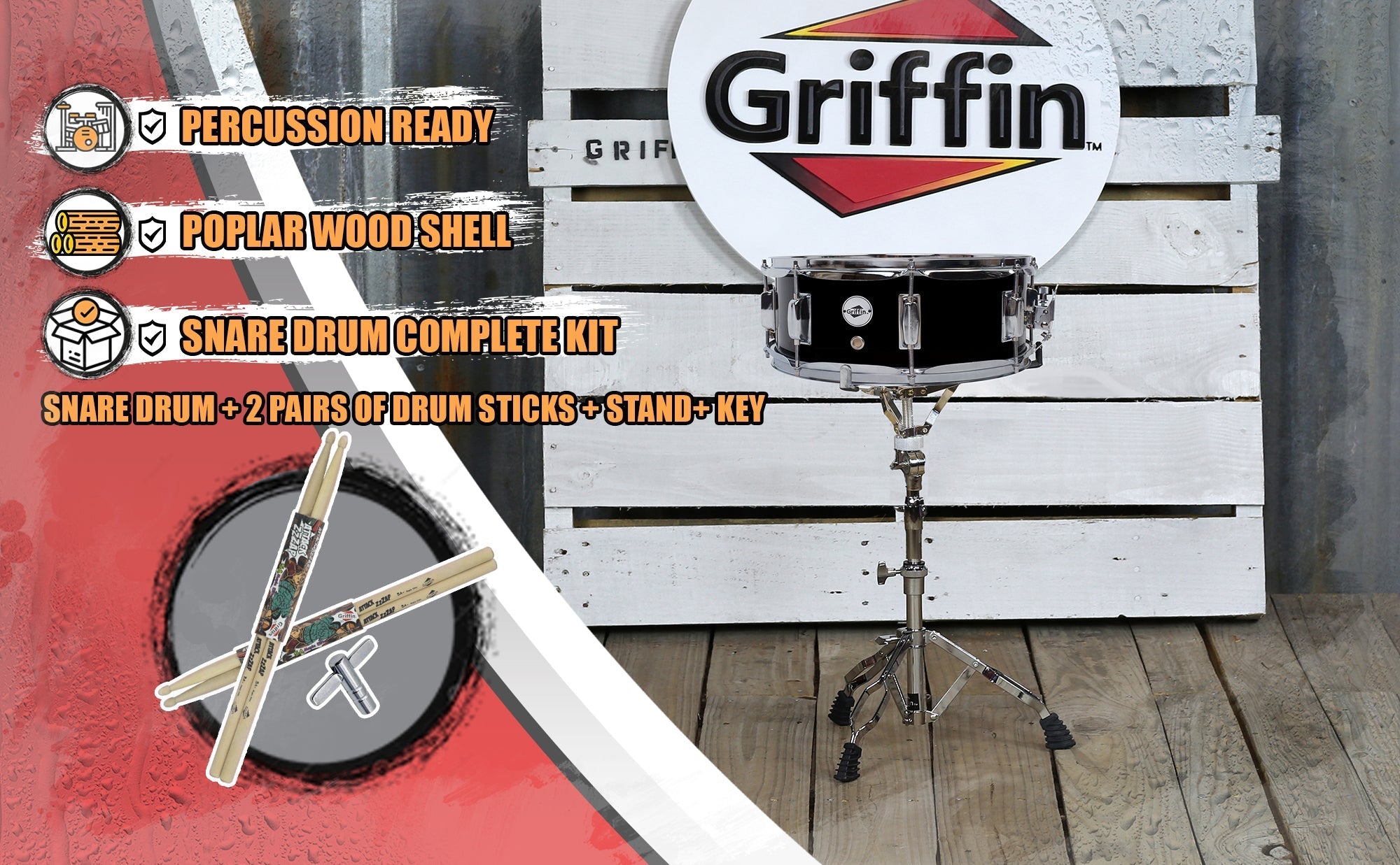 GRIFFIN Snare Drum Kit with Snare Stand, 2 Pairs of Drum Sticks & Drum Key | Wood Shell Drum Set, Maple Sticks, Chrome Holder Acoustic Marching Percussion GeekStands.com