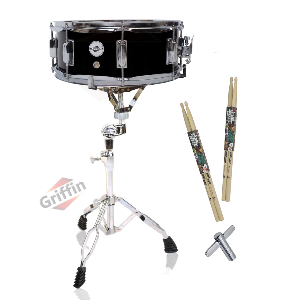 GRIFFIN Snare Drum Kit with Snare Stand, 2 Pairs of Drum Sticks & Drum Key | Wood Shell Drum Set, Maple Sticks, Chrome Holder Acoustic Marching Percussion GeekStands.com