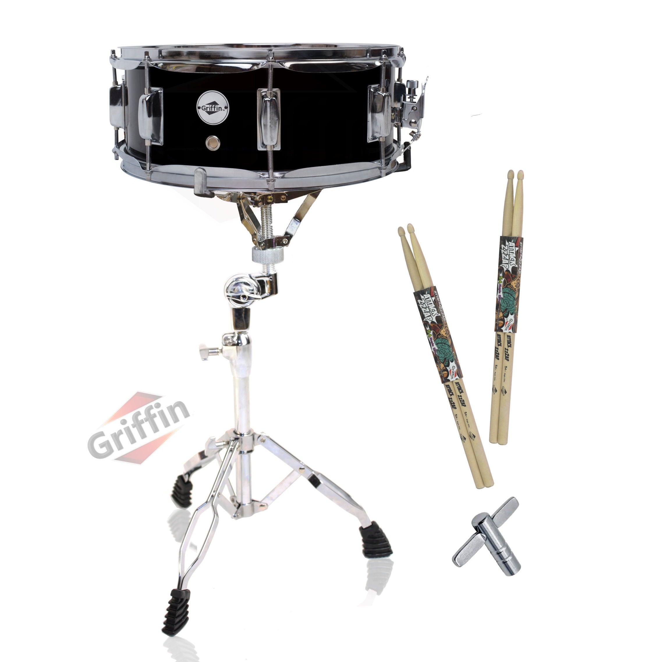 GRIFFIN Snare Drum Kit with Snare Stand, 2 Pairs of Drum Sticks & Drum Key | Wood Shell Drum Set, Maple Sticks, Chrome Holder Acoustic Marching Percussion GeekStands.com