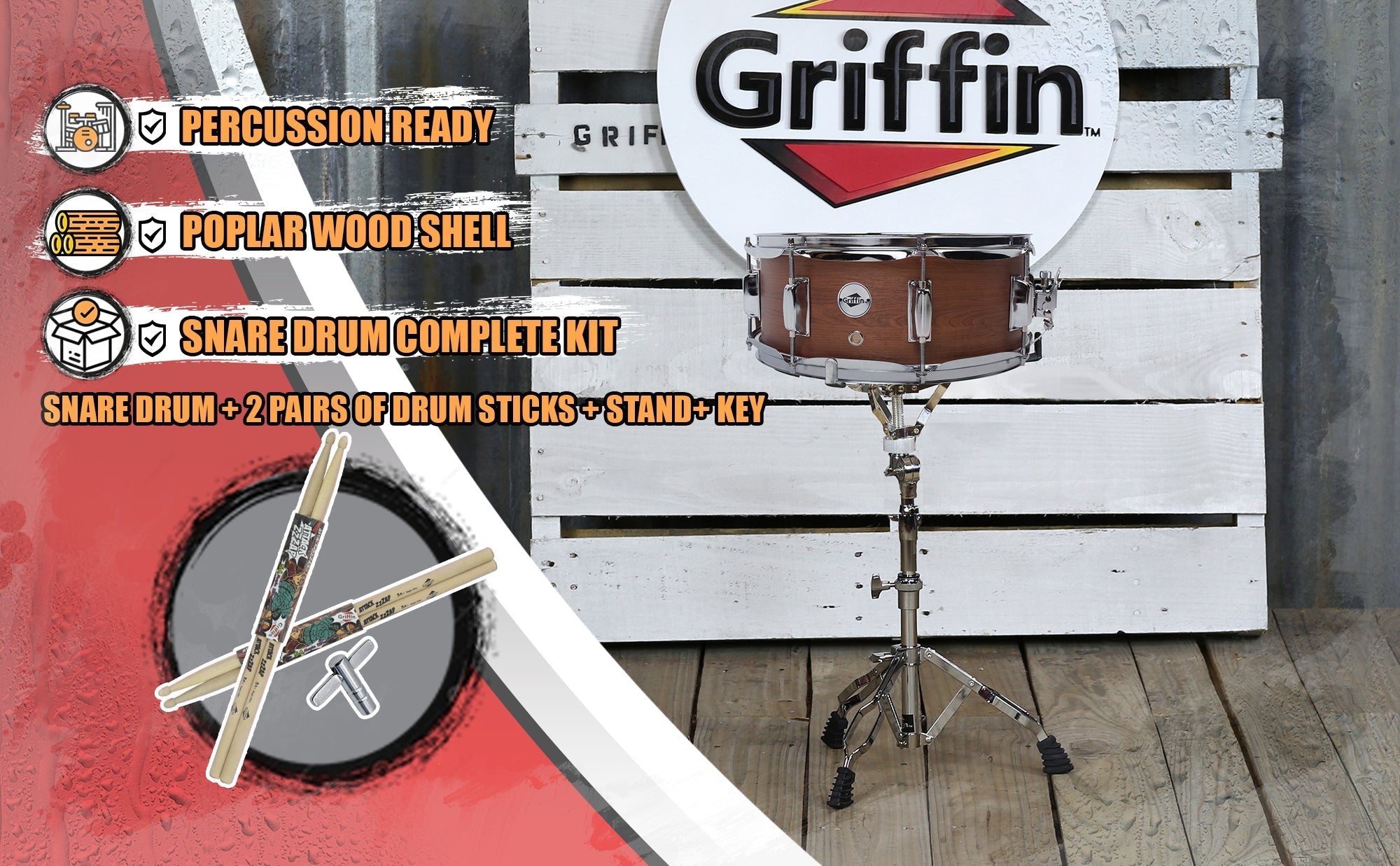 GRIFFIN Snare Drum Package with Snare Stand, 2 Pairs of Drum Sticks & Drum Key | Snare Kit with Poplar Wood Shell 14" x 5.5" with Flat Hickory PVC GeekStands.com