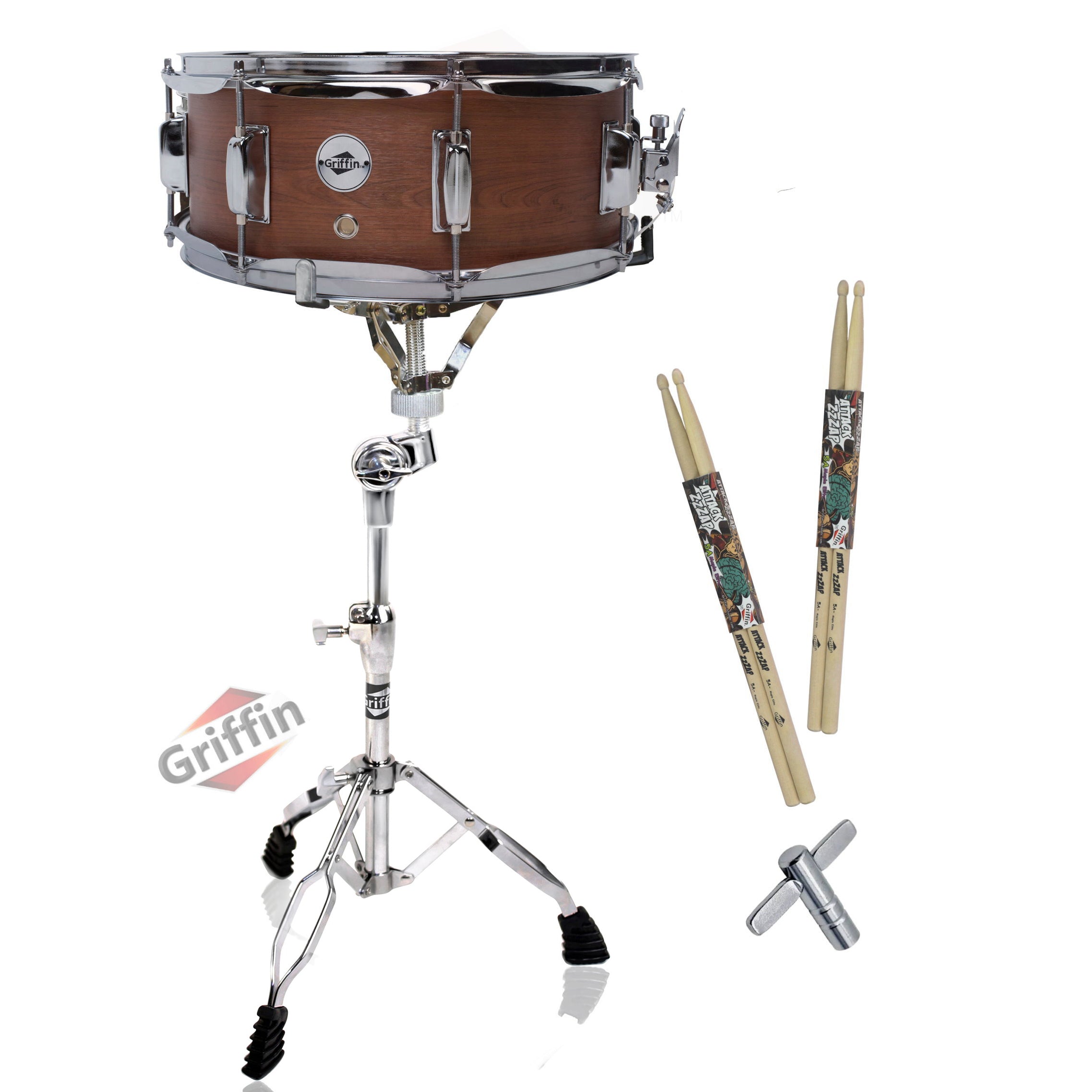 GRIFFIN Snare Drum Package with Snare Stand, 2 Pairs of Drum Sticks & Drum Key | Snare Kit with Poplar Wood Shell 14" x 5.5" with Flat Hickory PVC | 8 Metal Tuning Lugs & Snare Strainer Throw Off GeekStands.com