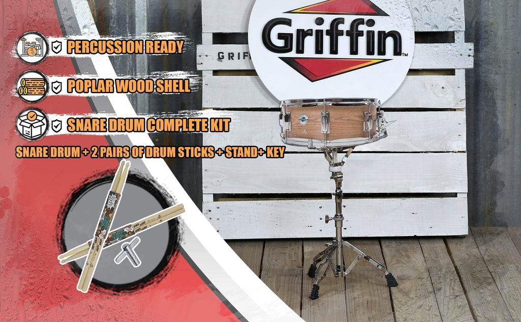 GRIFFIN Snare Drum Kit with Snare Stand, 2 Pairs of Maple Drum Sticks & Drum Key | Wood Shell Drum Set, Percussion Musical Instrument Practice Package GeekStands.com