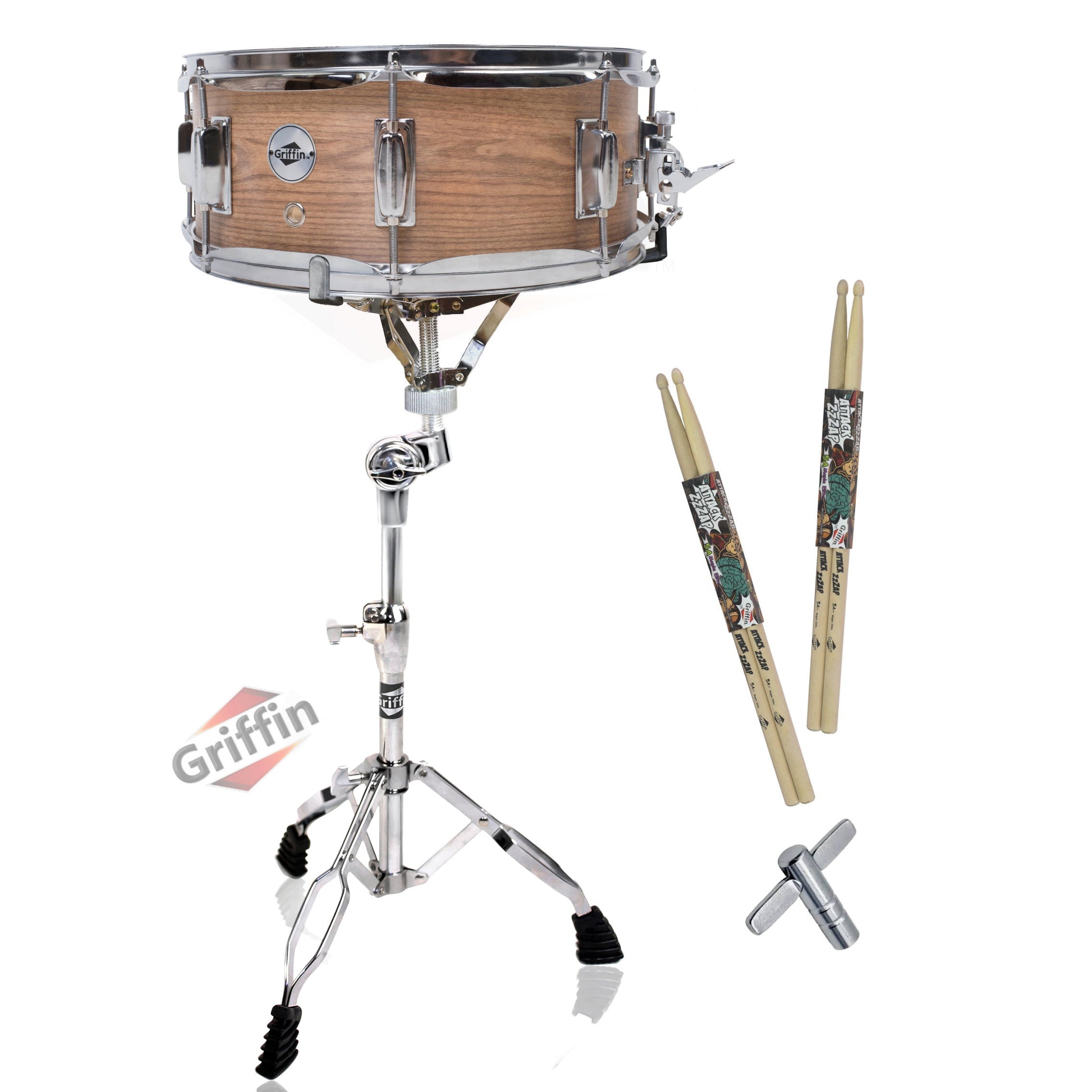 GRIFFIN Snare Drum Kit with Snare Stand, 2 Pairs of Maple Drum Sticks & Drum Key | Wood Shell Drum Set, Percussion Musical Instrument Practice Package | 8 Metal Tuning Lugs & Snare Strainer Throw Off GeekStands.com