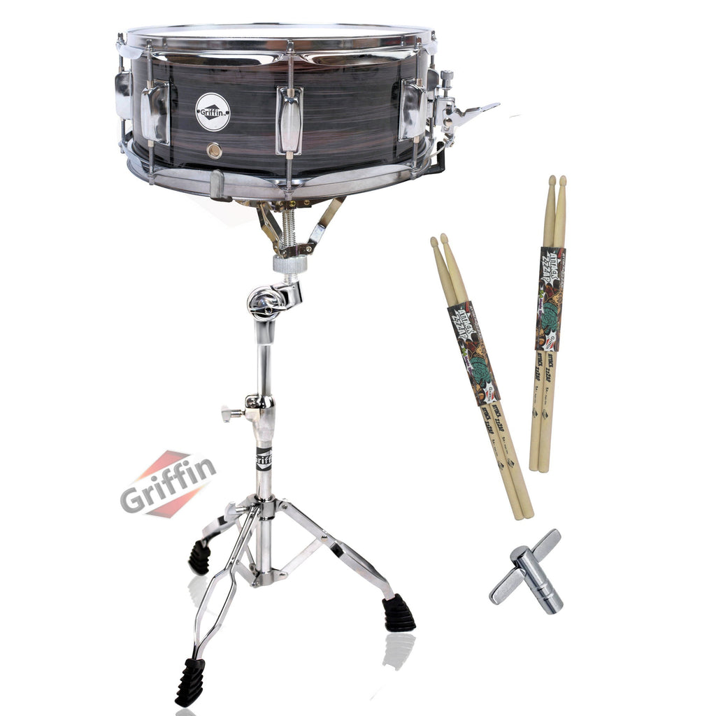 Snare Drum Kit by GRIFFIN | Includes Snare Stand, 2 Pairs of Maple Drum Sticks & Drum Key | 14" x 5.5" Poplar Shell | Percussion Musical Instrument Practice Package GeekStands.com