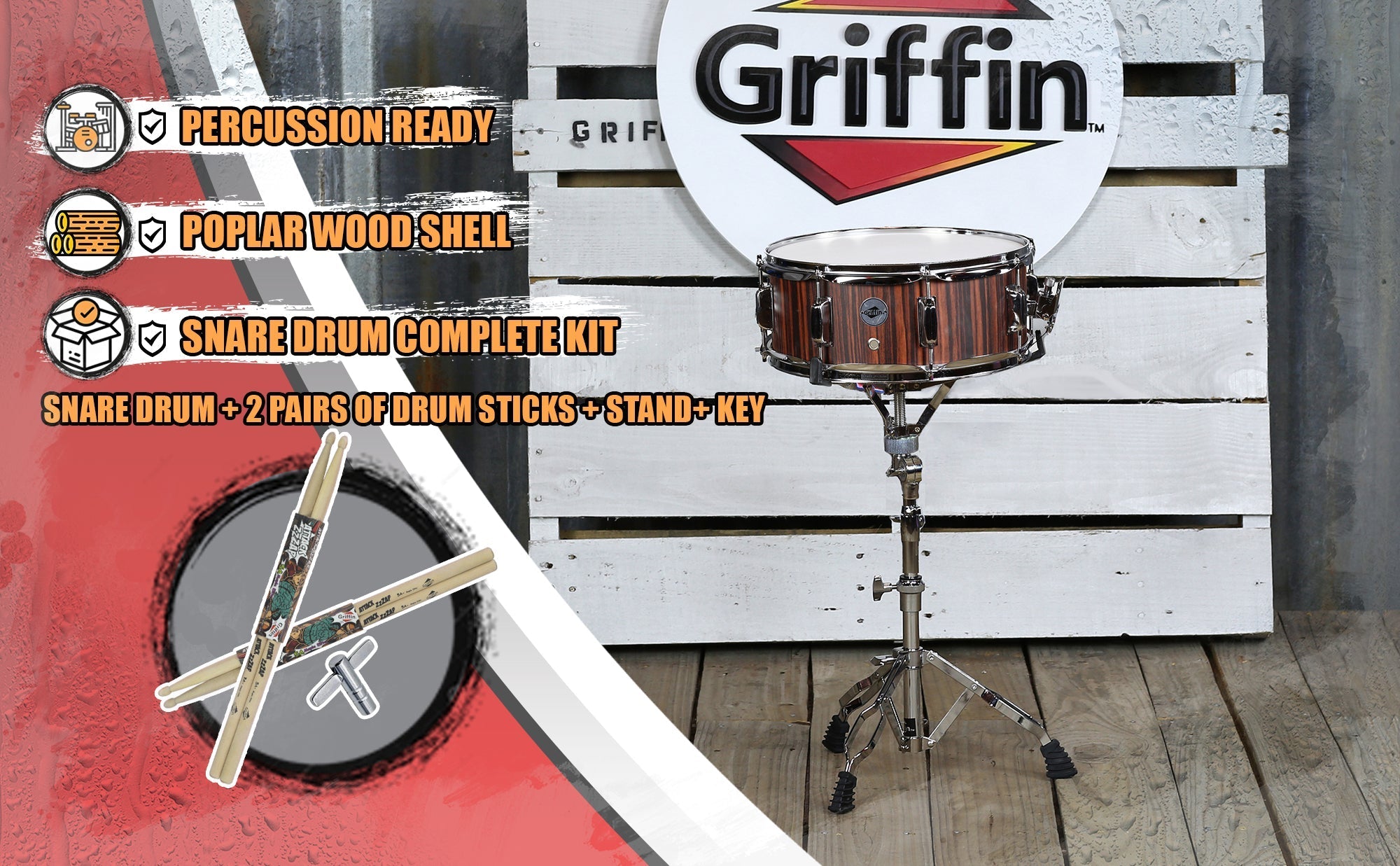 Snare Drum Set by GRIFFIN - Includes Snare Stand, 2 Pairs of Maple Drum Sticks & Drum Key | Wood Shell Drum Set, Chrome Holder Acoustic GeekStands.com