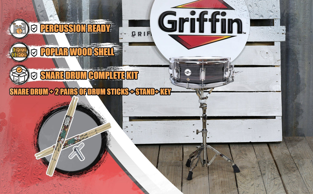 Snare Drum Kit by GRIFFIN | Includes Snare Stand, 2 Pairs of Maple Drum Sticks & Drum Key | 14" x 5.5" Poplar Shell | Percussion Musical Instrument Practice Package GeekStands.com