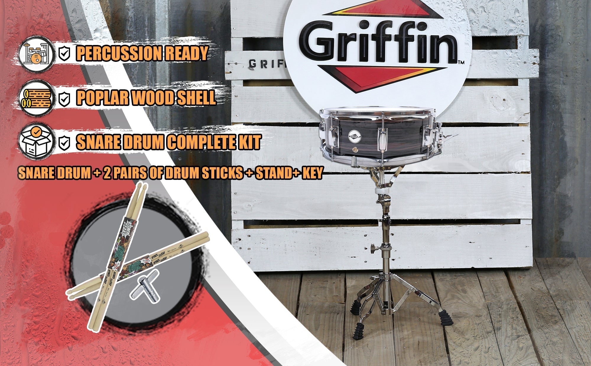 Snare Drum Kit by GRIFFIN | Includes Snare Stand, 2 Pairs of Maple Drum Sticks & Drum Key | 14" x 5.5" Poplar Shell | Percussion Musical Instrument Practice Package GeekStands.com