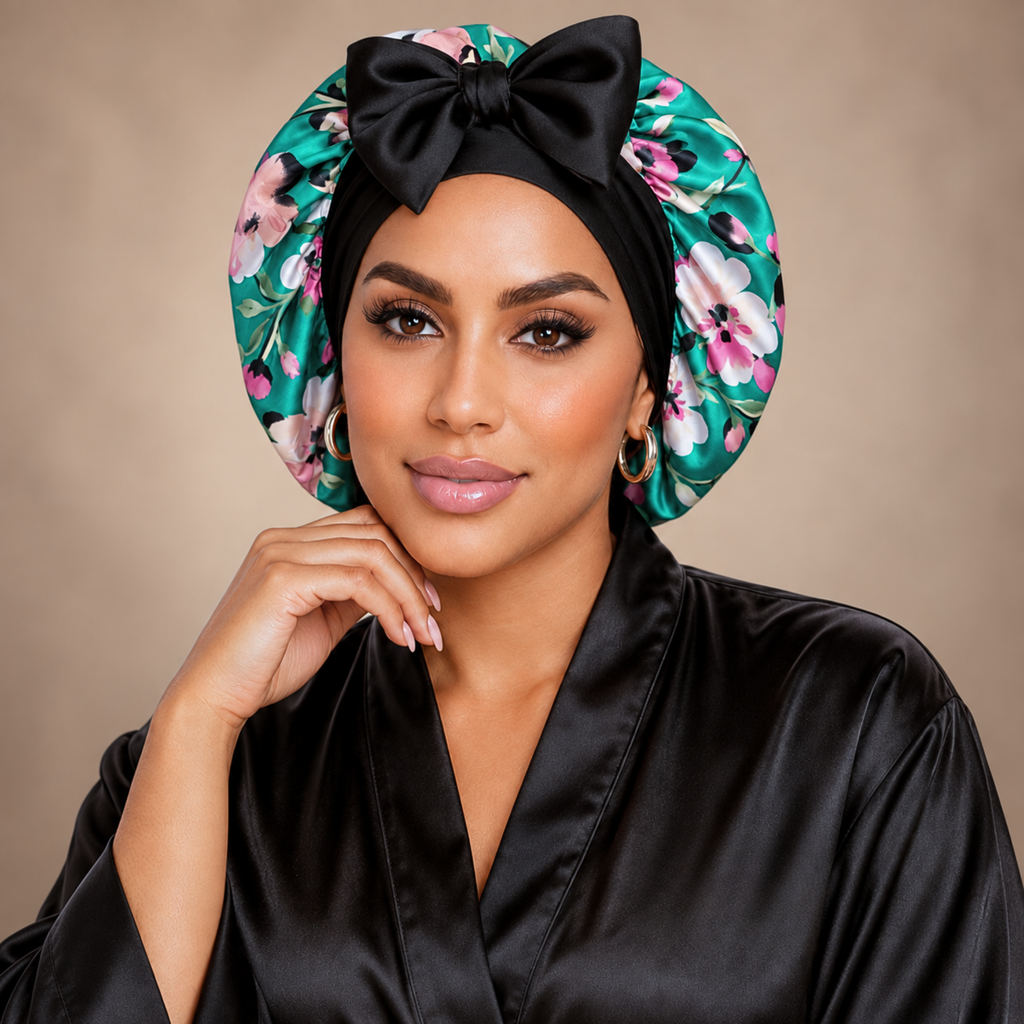 Silk-Blend Satin Bonnet for Sleeping – Non-Slip, Stays On All Night – Adjustable Stretch Ties PHC