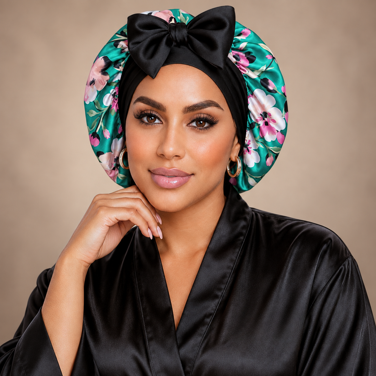Silk-Blend Satin Bonnet for Sleeping – Non-Slip, Stays On All Night – Adjustable Stretch Ties PHC