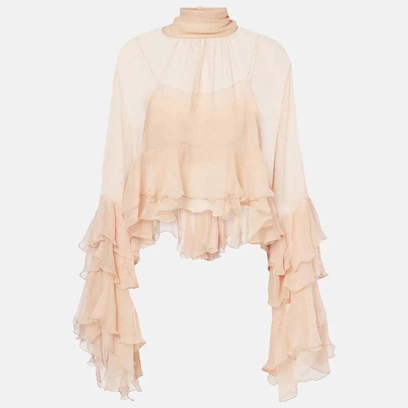 Radiant Mesh Lace Flare Blouse Boho Brown