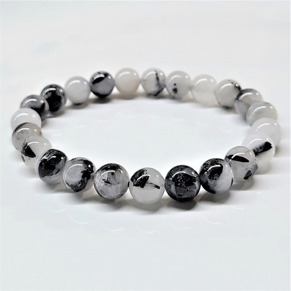Tourmaline in Quartz Round Bead Bracelet - Grounded Purification Sacred Crystals