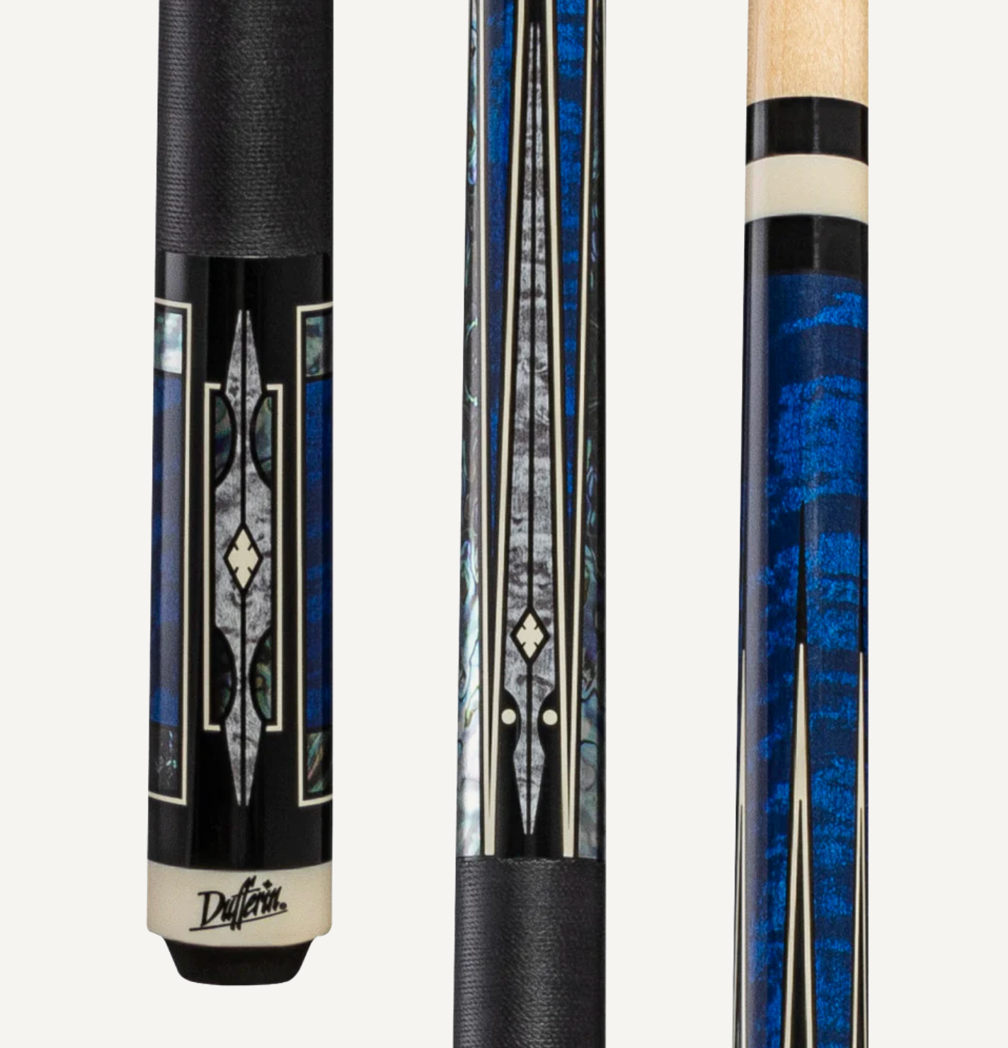 Dufferin Blue Curly Maple Cue With Black Linen Wrap C.P.Dean Company