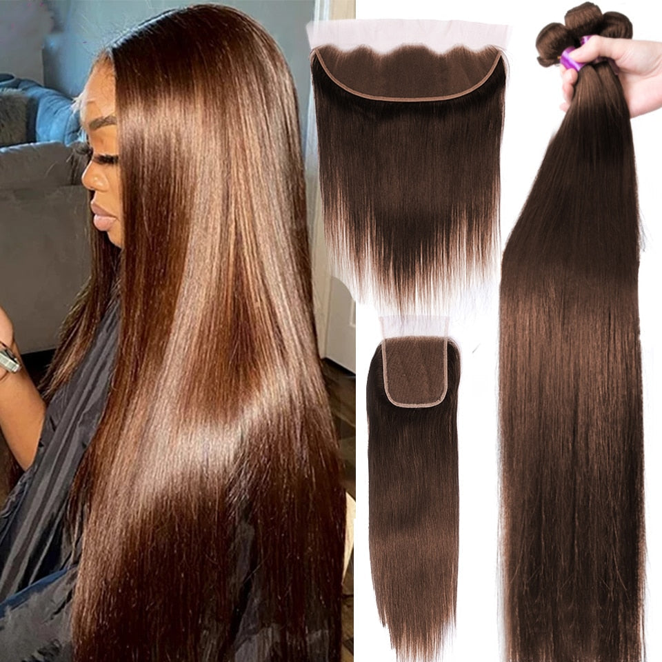 Chocolate Brown Bone Straight Human Hair Bundles with 4x4 Lace Closure Frontal Remy Brazilian Hair Weave Bundles with Closure HOL stores