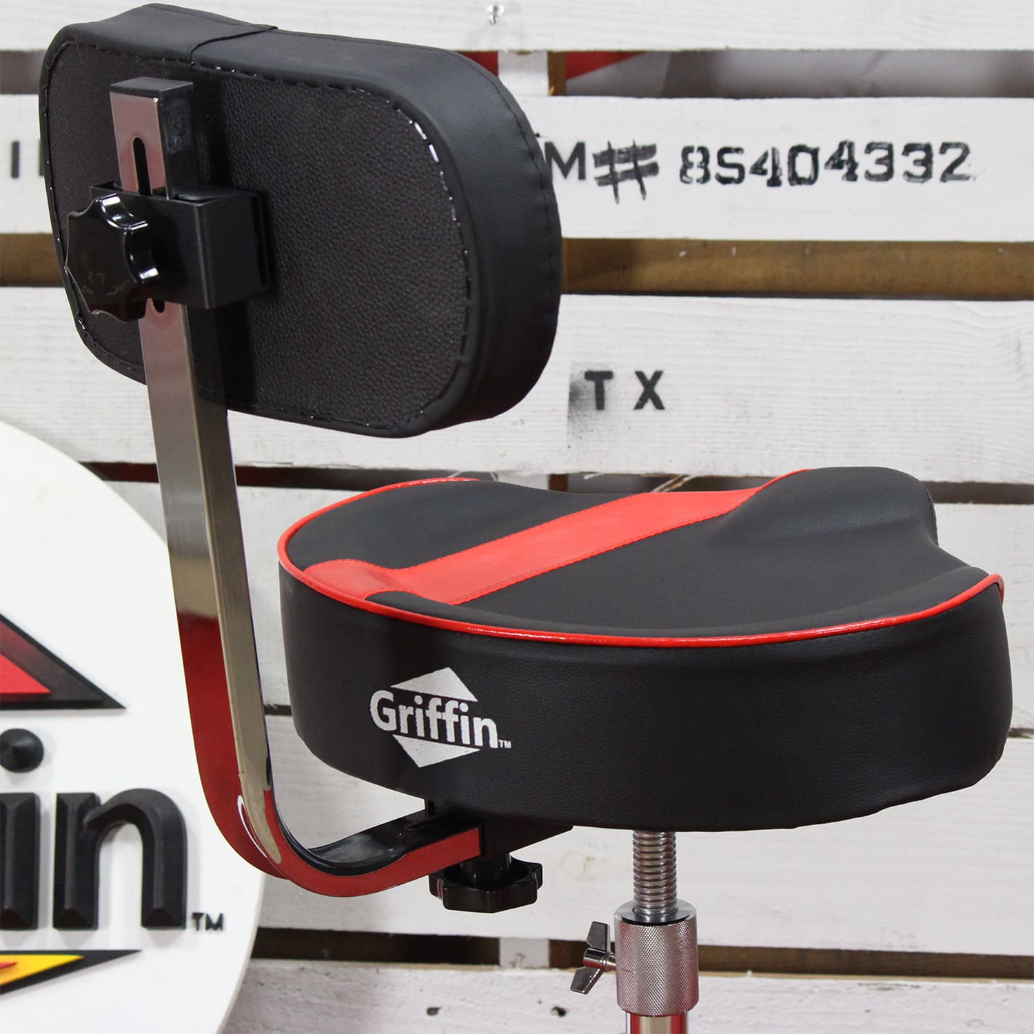 Saddle Drum Throne with Backrest Support by GRIFFIN - Padded Leather Drummer Motorcycle Biker Style Seat - Swivel Adjustable Height Music Drum Chair GeekStands.com