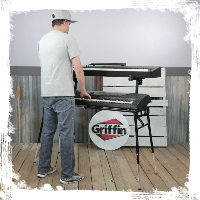 GRIFFIN 2-Tier DJ Coffin Workstation Stand - Double Table Top Keyboard & Laptop Holder - Duel Level Digital Piano Rack Mount Platform for Studio Mixer GeekStands.com