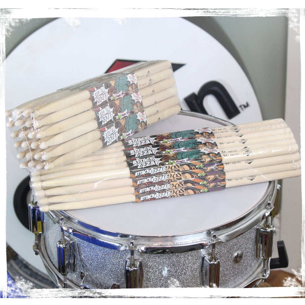 GRIFFIN Attack Zzzap Drum Sticks - 24 Pairs of Select Elite Maple Wood Size 5A - Drummers Percussion Classic Pure Grit Uncoated, Raw Wood Drumming Sticks - Premium Balanced, Level and Straight GeekStands.com