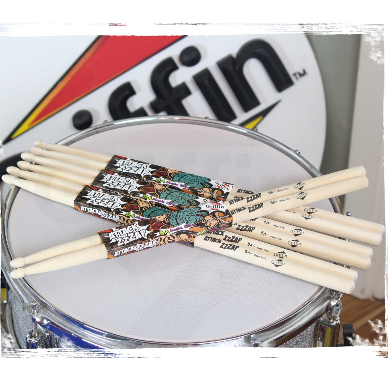GRIFFIN Attack Zzzap Drum Sticks - 4 Pairs of Select Elite Maple Wood Size 5A - Premium Balanced, Level and Straight - Drummers Percussion Classic Pure Grit Uncoated, Raw Wood Drumming Sticks GeekStands.com