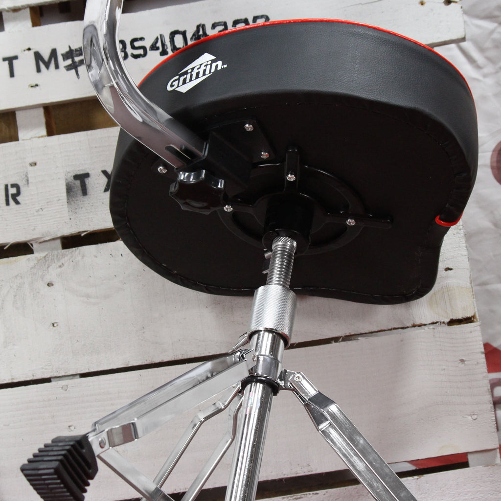 Saddle Drum Throne with Backrest Support by GRIFFIN - Padded Leather Drummer Motorcycle Biker Style Seat - Swivel Adjustable Height Music Drum Chair GeekStands.com