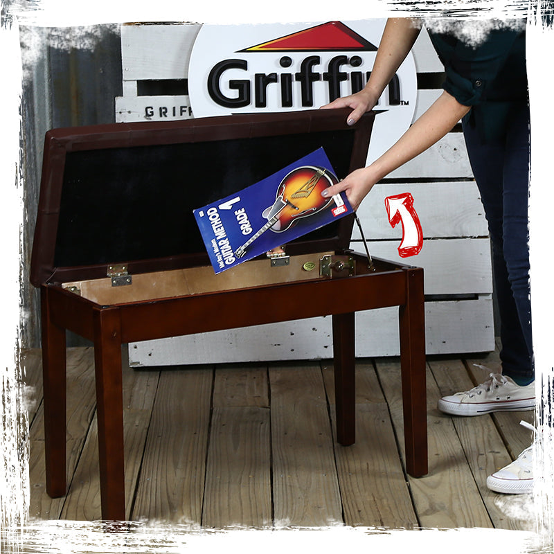 GRIFFIN Brown Wood PU Leather Piano Bench - Double Vintage Design, Ergonomic Chair Musicians Keyboard Stool - Cushion Duet Seat & Sheet Music Storage GeekStands.com