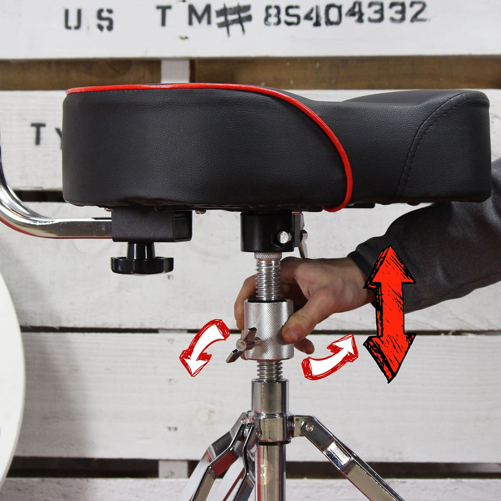 Saddle Drum Throne with Backrest Support by GRIFFIN - Padded Leather Drummer Motorcycle Biker Style Seat - Swivel Adjustable Height Music Drum Chair GeekStands.com