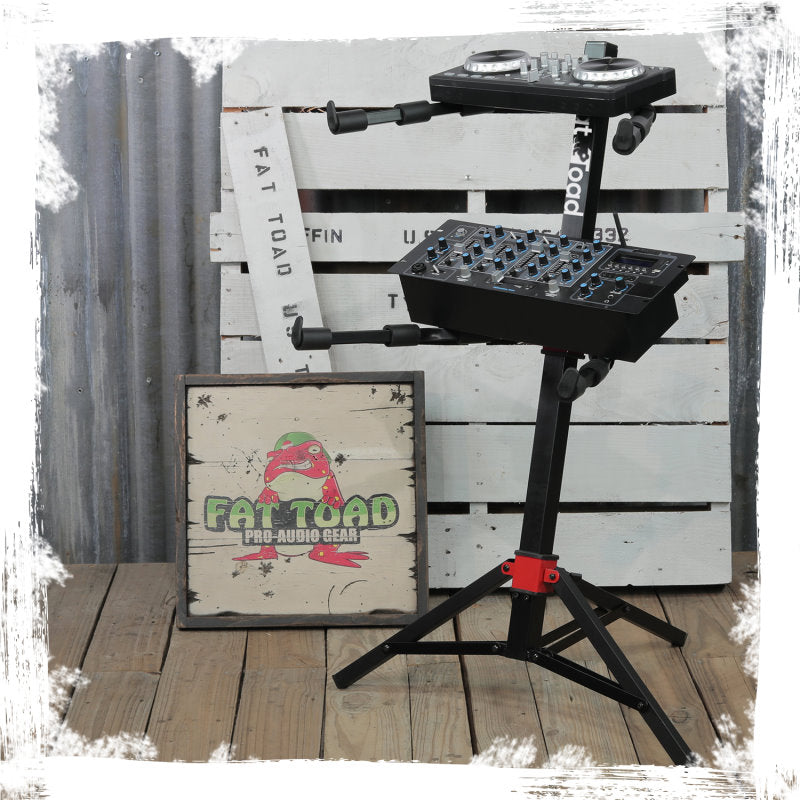 DJ Workstation Stand by FAT TOAD - 2-Tier Multiuse Sliding Piano Mount For Mixer, Digital Keyboard, MIDI Controller Tablet, Laptop Synthesizer GeekStands.com