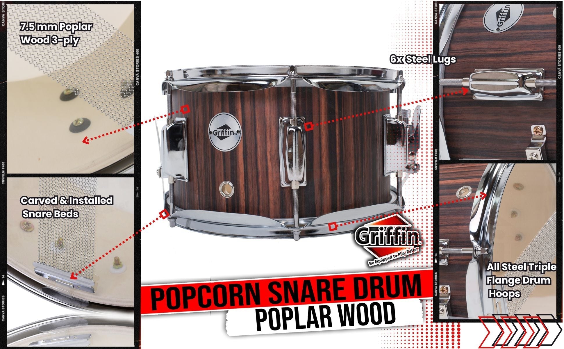 GRIFFIN Firecracker Snare Drum | Acoustic Popcorn 10" x 6" Poplar Mini Wood Shell & Black Hickory PVC | Concert Marching Percussion Musical Instrument with Deluxe Snare Throw Off, Drummers Key & Head GeekStands.com
