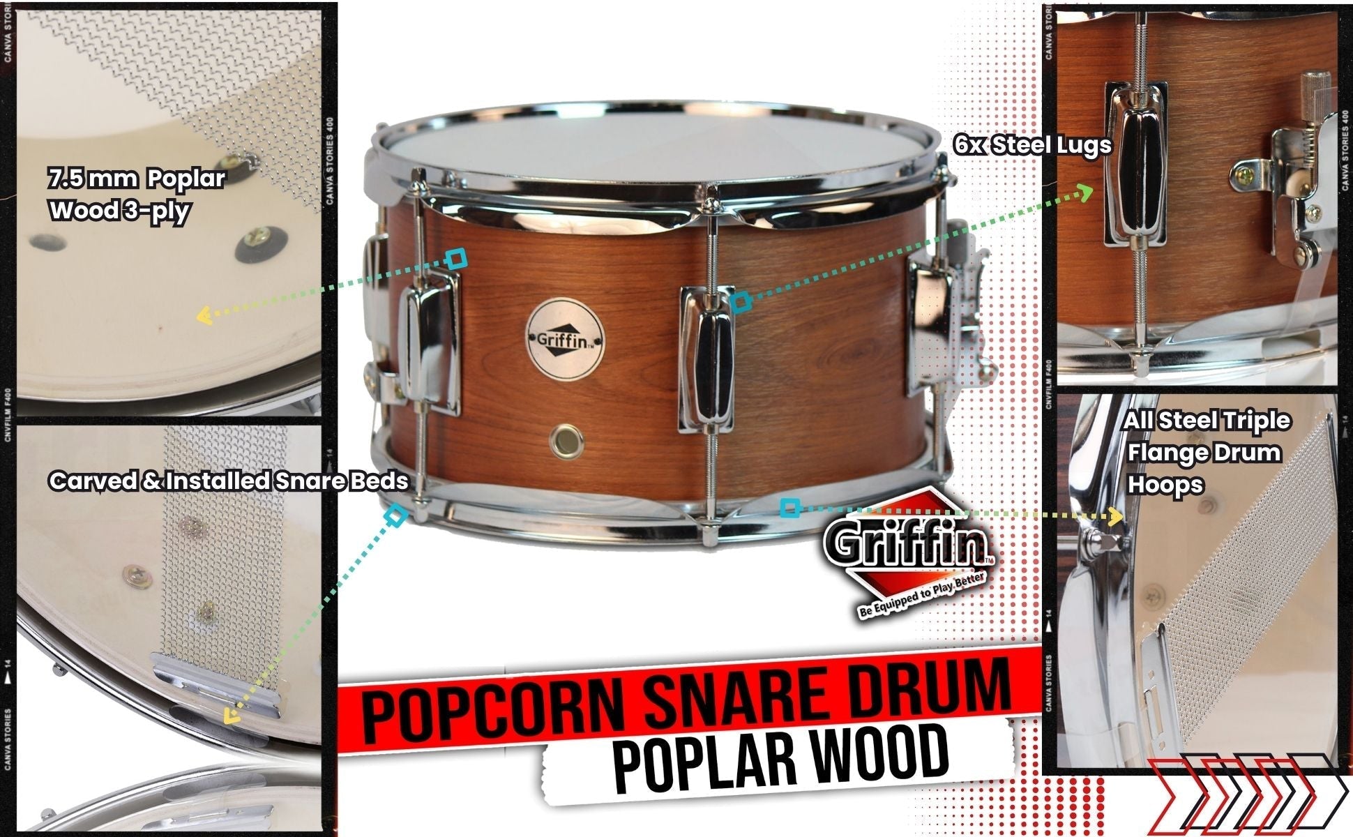 Popcorn Snare Drum by GRIFFIN | Soprano Firecracker 10" x 6" Poplar Wood Shell with Hickory PVC | Concert Percussion Musical Instrument with Drummers Kit Key & Deluxe Snare Strainer Throw Off Set GeekStands.com