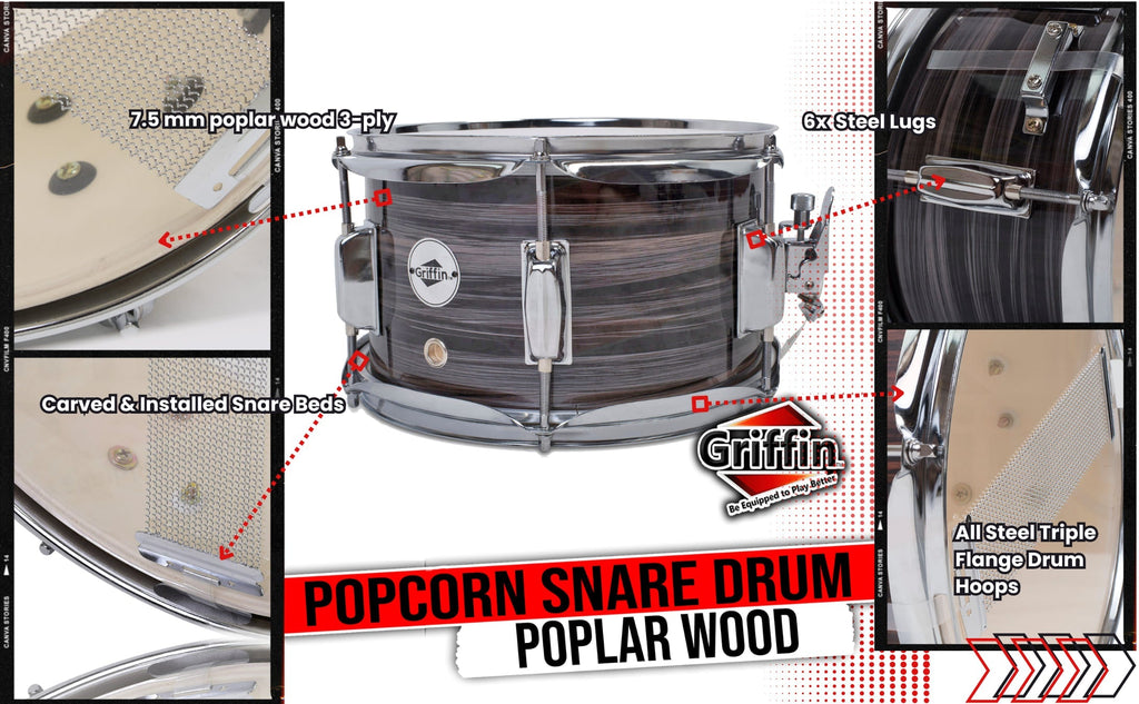 Popcorn Snare Drum by GRIFFIN | Firecracker Acoustic 10" x 6" Poplar Shell with Zebra Wood PVC | Soprano Mini Concert Marching Percussion Musical Instrument with Snare Throw Off, Drummers Key & Head GeekStands.com