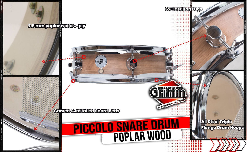 Piccolo Snare Drum 13" x 3.5" by GRIFFIN | 100% Poplar Shell with Oak Wood Finish & Coated Drum Head | Professional Marching Drummers Deluxe Percussion Instrument with Bright Tone & Brilliant Attack GeekStands.com