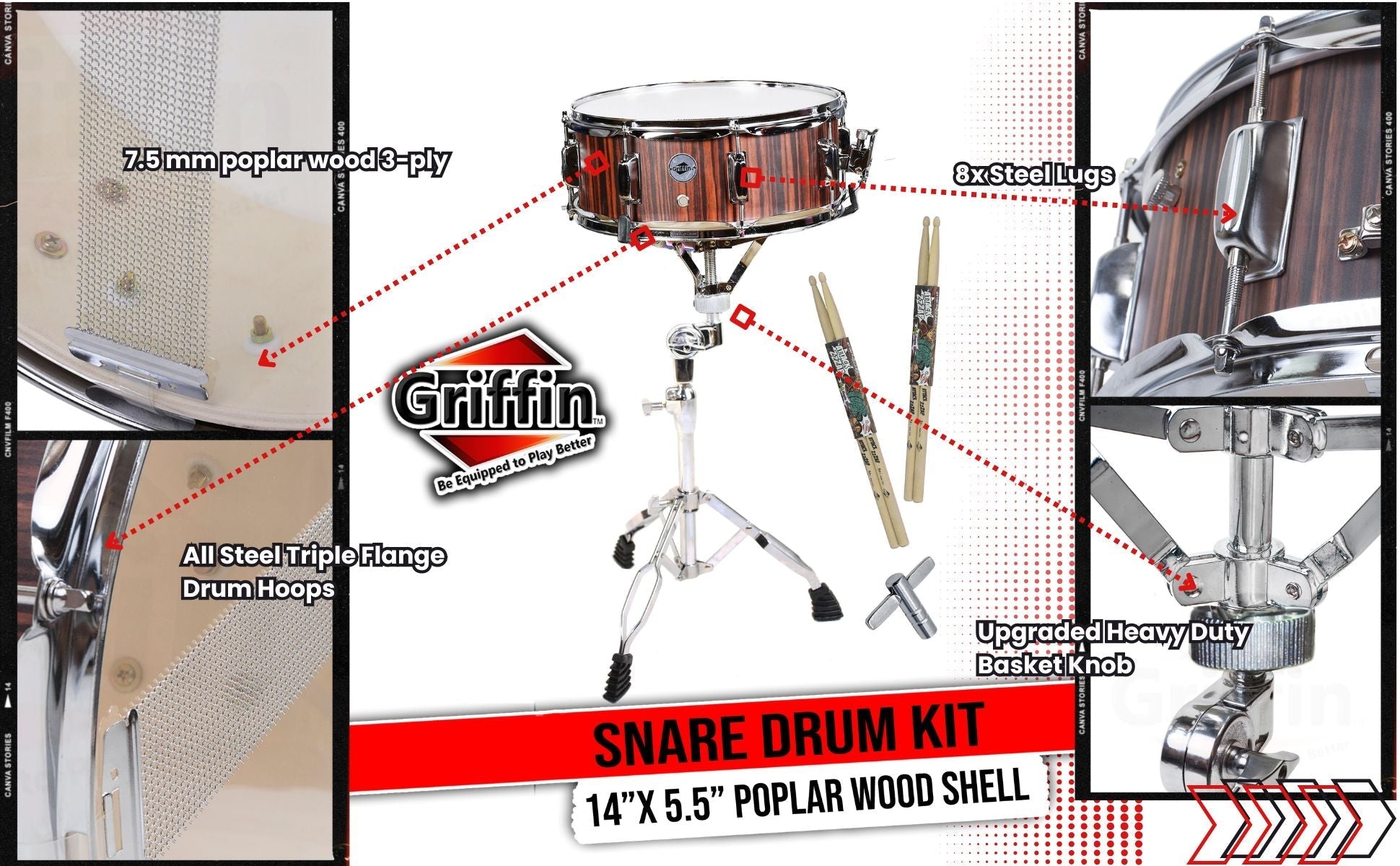 Snare Drum Set by GRIFFIN - Includes Snare Stand, 2 Pairs of Maple Drum Sticks & Drum Key | Wood Shell Drum Set, Chrome Holder Acoustic Marching Percussion Musical Instrument Practice Package GeekStands.com